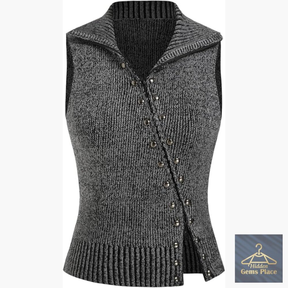 Cropped Sweater Vest Zip Up Cardigan Sleeveless Turtleneck Knit Top